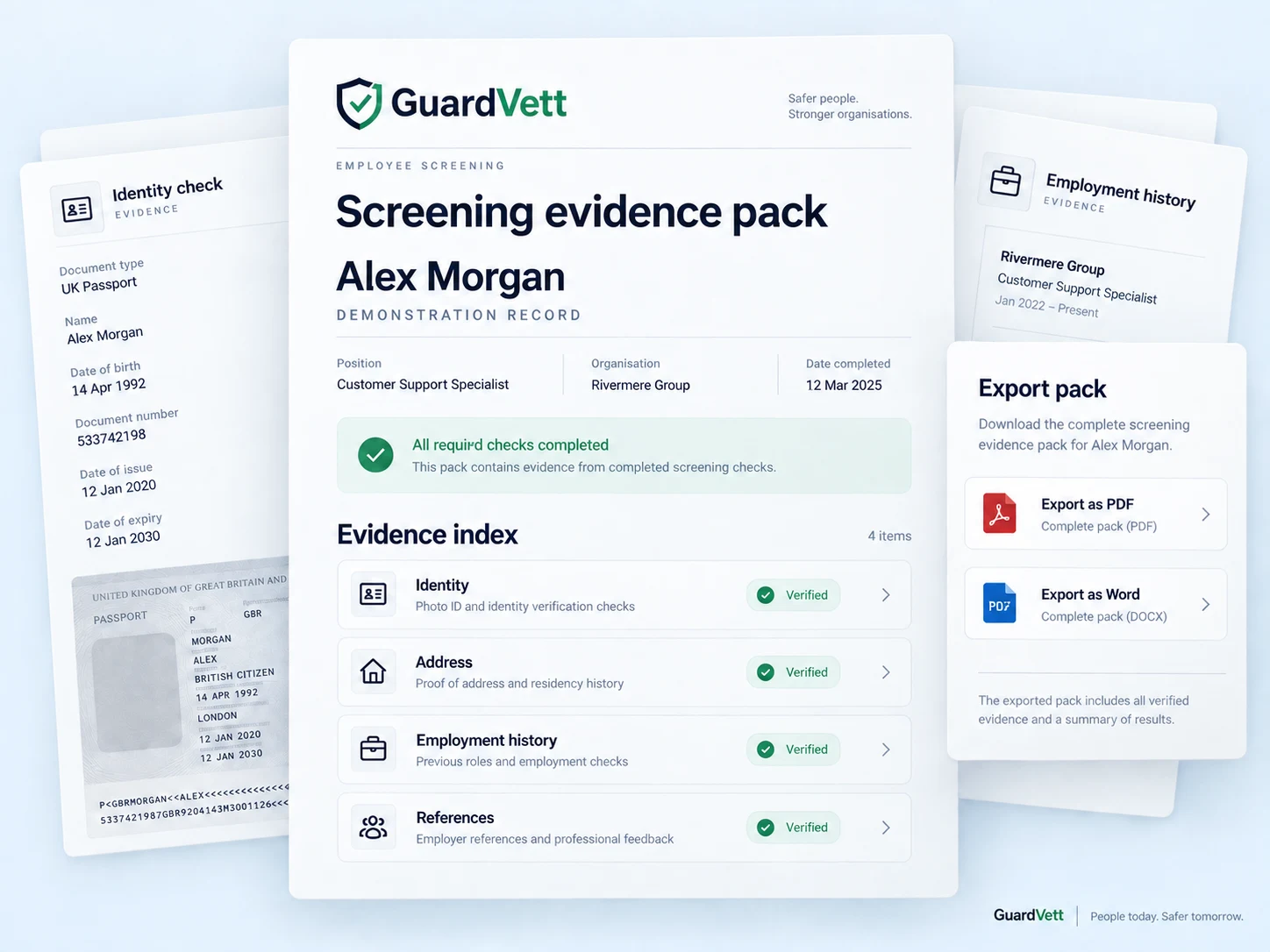 Illustrative screening evidence pack and export options