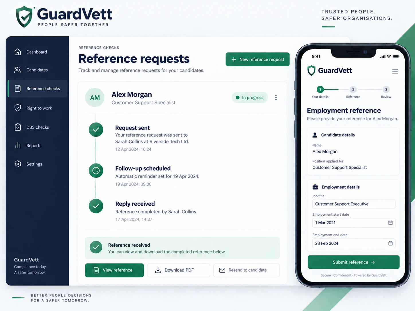 Illustrative reference request timeline and mobile reference form